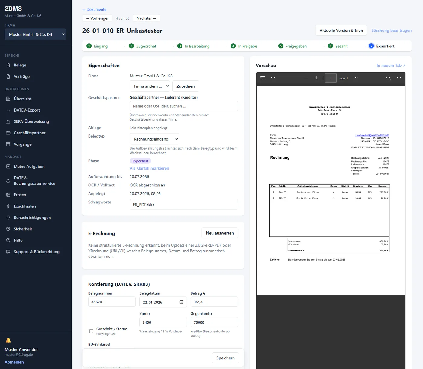 2DMS-Beleg im Detail: Status-Workflow, DATEV-Kontierung (SKR03), E-Rechnungs-Erkennung und Dokumentvorschau.