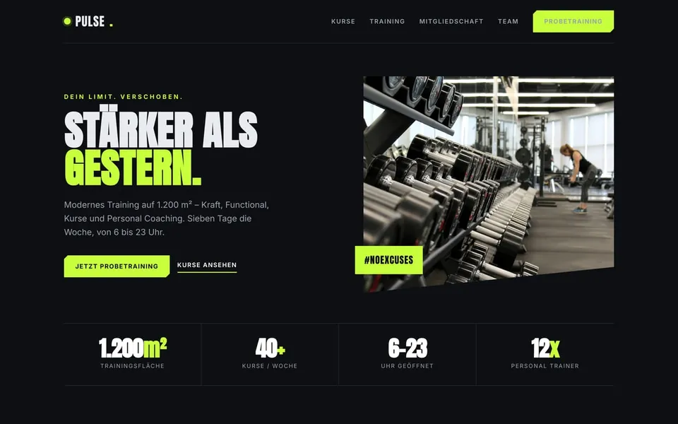 Muster-Website für ein Fitnessstudio – dunkel und kraftvoll.